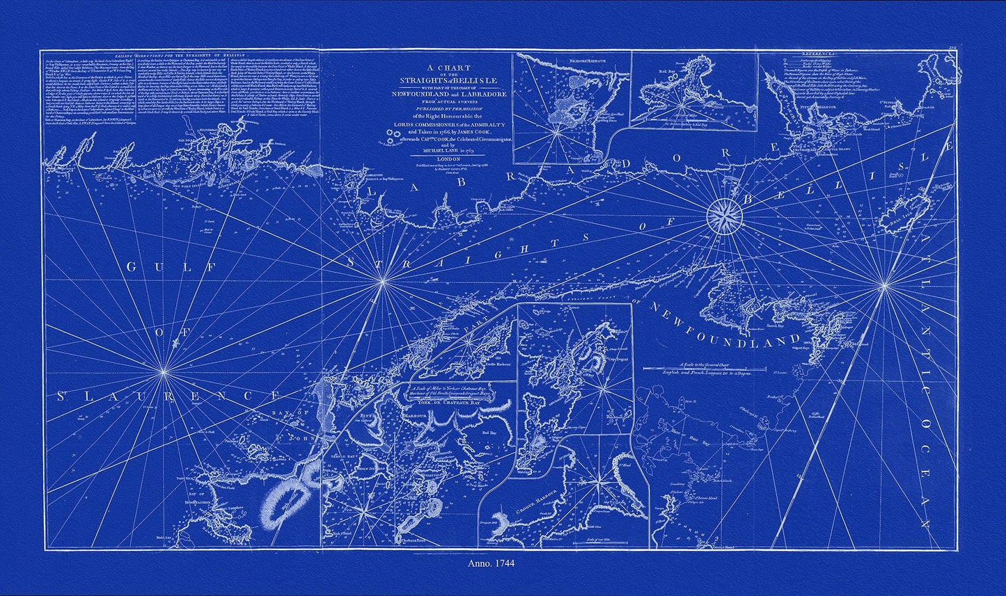 A chart of the Straights of Bell Isle with part of the coast of Newfoundland and Labradore, 1744, Cyanotype Ver. II, canvas, 50 x 70 cm - The Map Chest