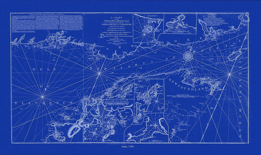 A chart of the Straights of Bell Isle with part of the coast of Newfoundland and Labradore, 1744, Cyanotype Ver. II, canvas, 50 x 70 cm - The Map Chest