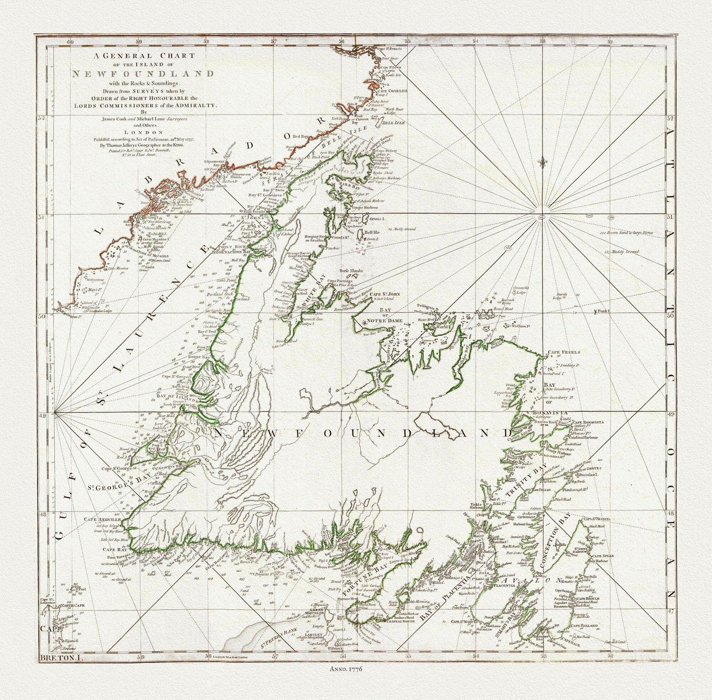 A General Chart Of The Island Of Newfoundland, 1776, Author: Jefferys, on heavy cotton canvas, 20x24" approx. - The Map Chest