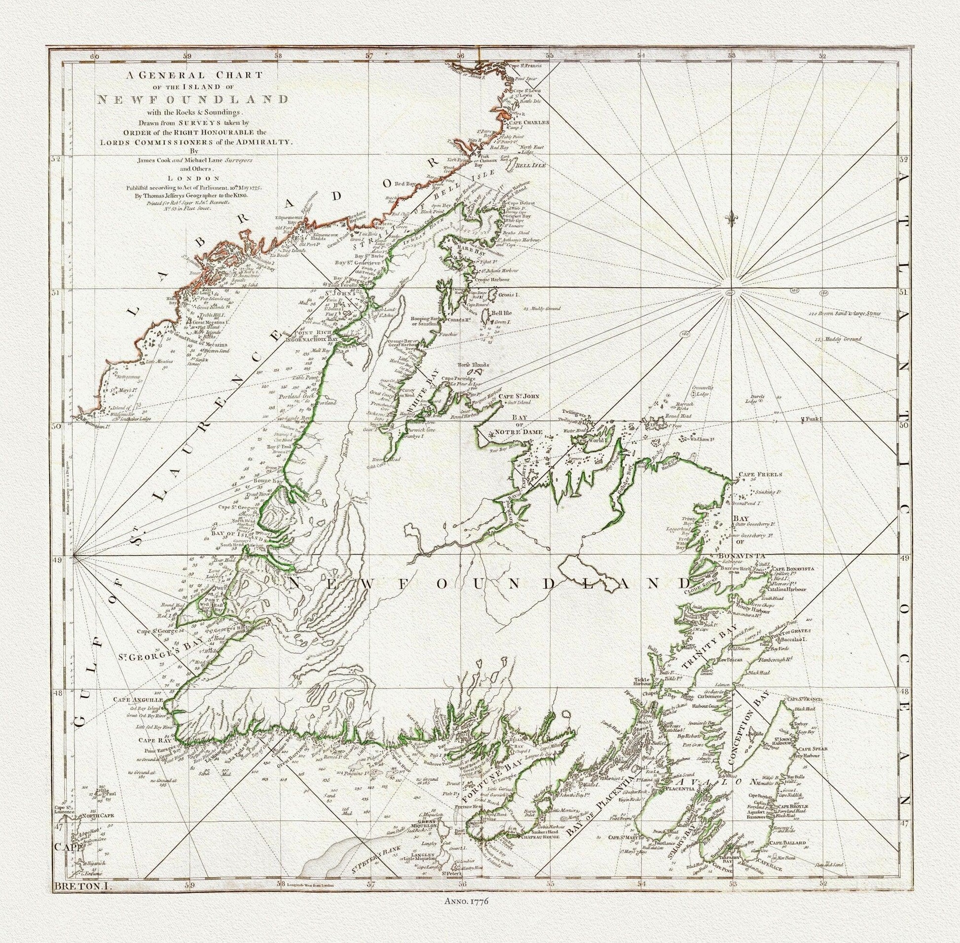 A General Chart Of The Island Of Newfoundland, 1776, Author: Jefferys, on heavy cotton canvas, 20x24" approx. - The Map Chest