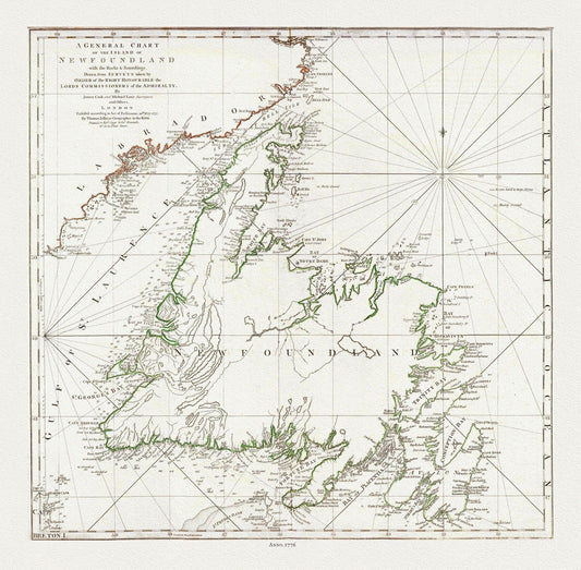 A General Chart Of The Island Of Newfoundland, 1776, Author: Jefferys, on heavy cotton canvas, 20x24" approx. - The Map Chest