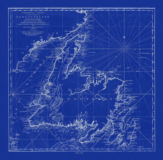 A General Chart Of The Island Of Newfoundland, 1776,Jefferys, auth., Cyanotype, map on durable cotton canvas, 50 x 70 cm, 20 x 25" approx. - The Map Chest