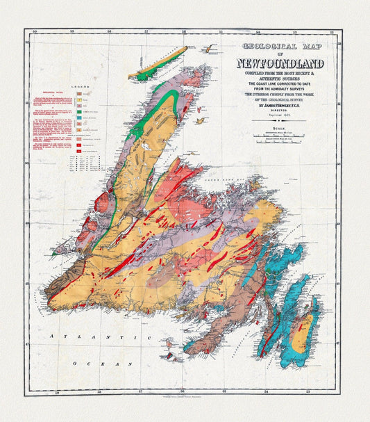 A Geological Map of Newfoundland, dated 1921, on heavy, clear coated, natural cotton canvas, approx. 20x24" - The Map Chest