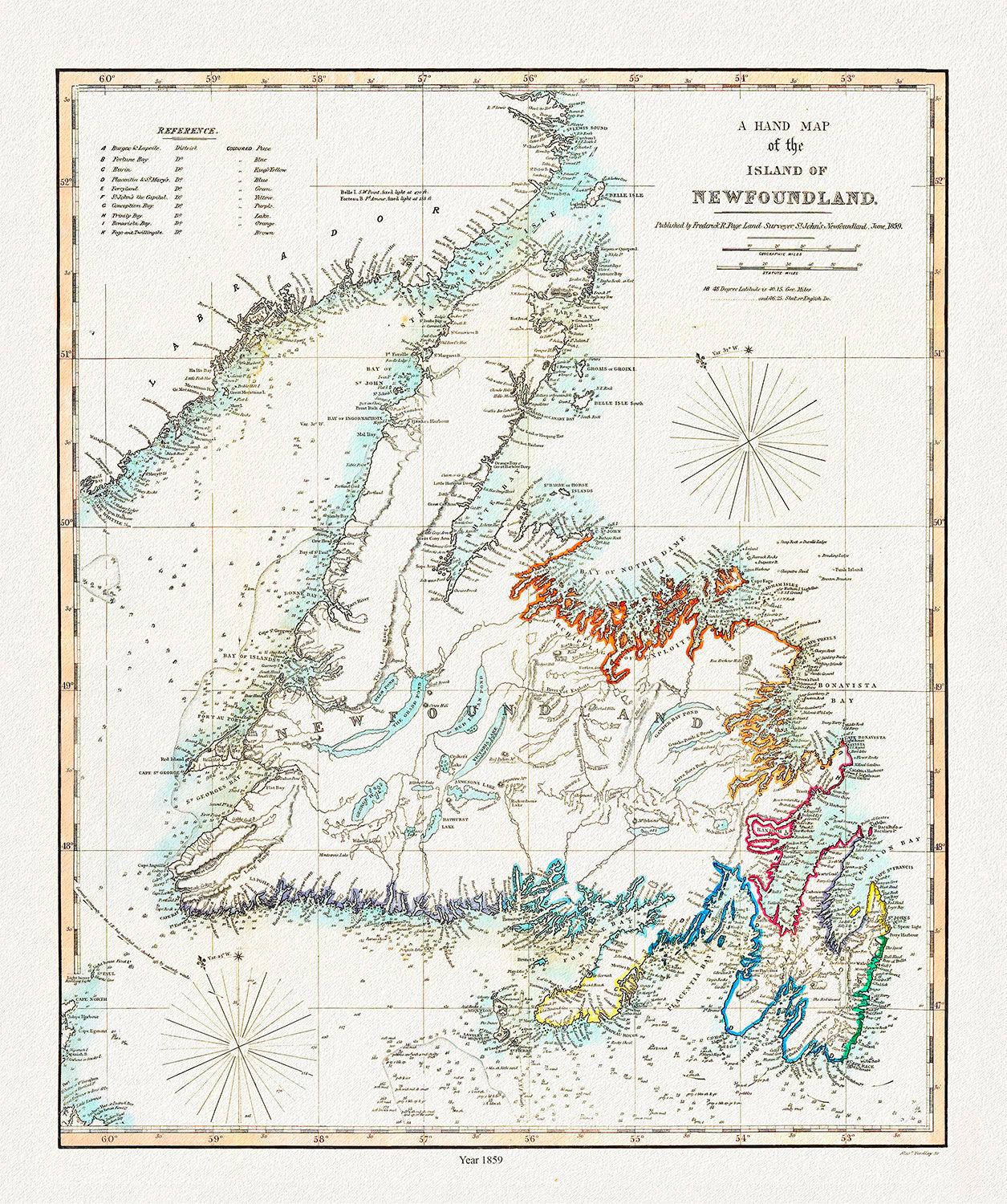 A Hand Map of the Island of Newfoundland, Findlay auth.,1859 , map on heavy cotton canvas, 45 x 65 cm, 18 x 24" approx. - The Map Chest