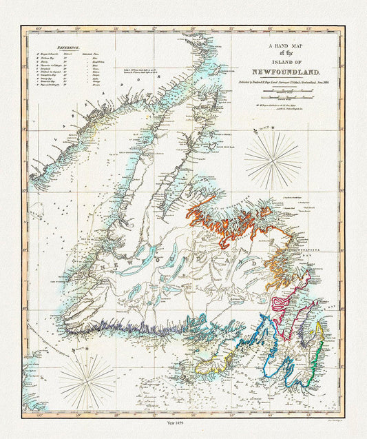 A Hand Map of the Island of Newfoundland, Findlay auth.,1859 , map on heavy cotton canvas, 45 x 65 cm, 18 x 24" approx. - The Map Chest