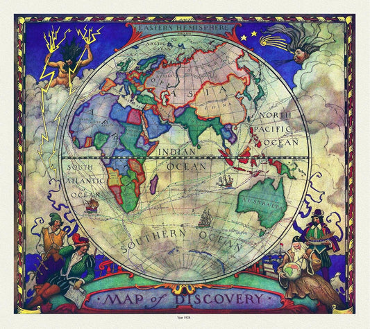 A Map of Discovery, Eastern Hemisphere, 1928, map on heavy cotton canvas, 20x25" approx. - The Map Chest