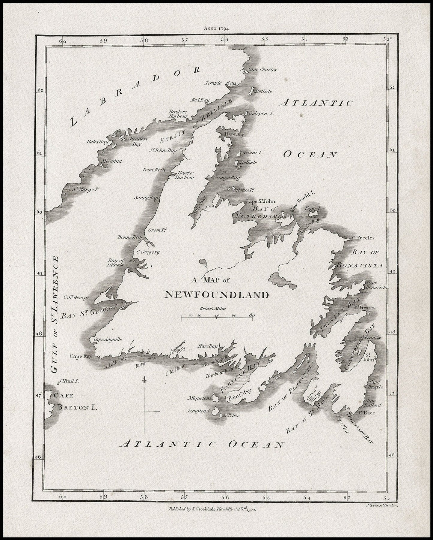 A Map of Newfoundland, Stockdale auth., 1794, map on heavy cotton canvas, 50 x 70 cm, 20 x 25" approx. - The Map Chest