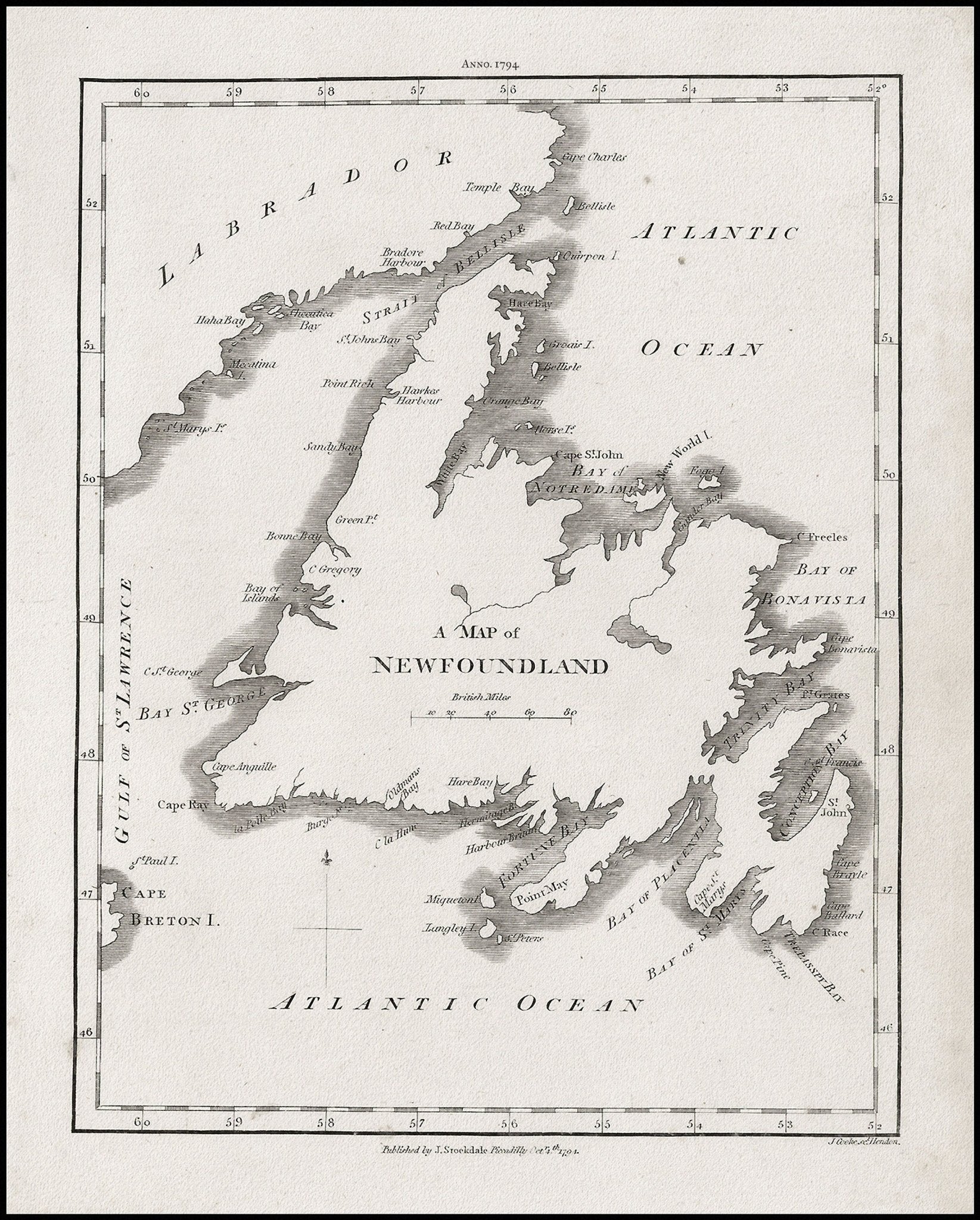 A Map of Newfoundland, Stockdale auth., 1794, map on heavy cotton canvas, 50 x 70 cm, 20 x 25" approx. - The Map Chest