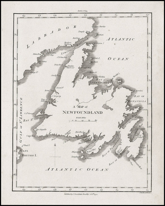 A Map of Newfoundland, Stockdale auth., 1794, map on heavy cotton canvas, 50 x 70 cm, 20 x 25" approx. - The Map Chest