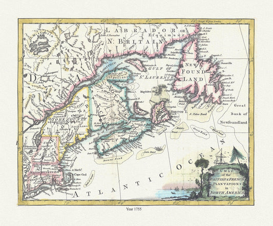 A map of the British & French plantations in North America, 1755, map on durable cotton canvas, 50 x 70 cm, 20 x 25" approx. - The Map Chest