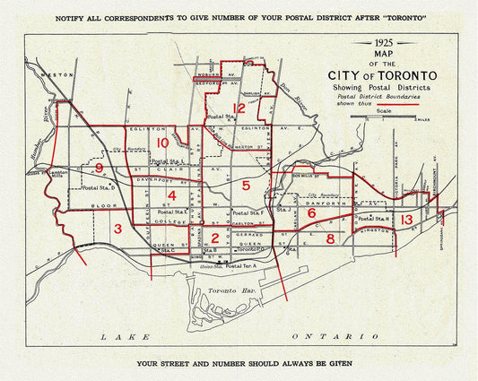 A Map of the City of Toronto Showing Postal Districts, 1925, map on heavy cotton canvas, 22x27" approx. - The Map Chest