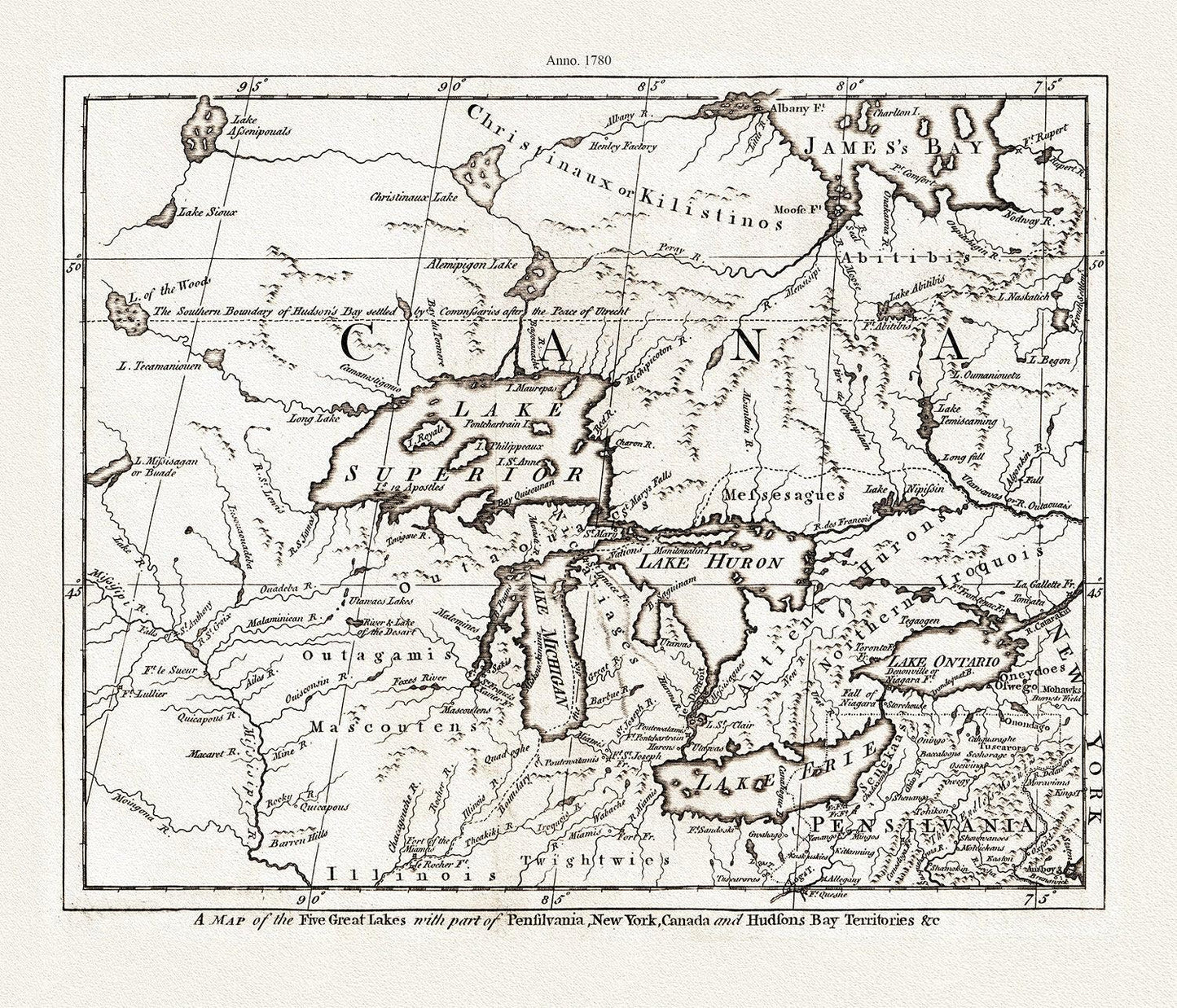A Map of the Five Great Lakes with part of Pensilvania, New York, Canada, and Hudsons Bay Territories &c., 1780, on cotton canvas, 22x27" - The Map Chest