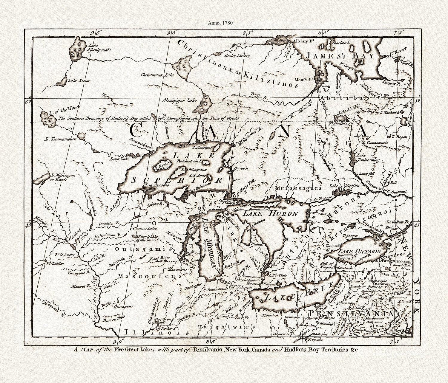 A Map of the Five Great Lakes with part of Pensilvania, New York, Canada, and Hudsons Bay Territories &c., 1780, on cotton canvas, 22x27" - The Map Chest