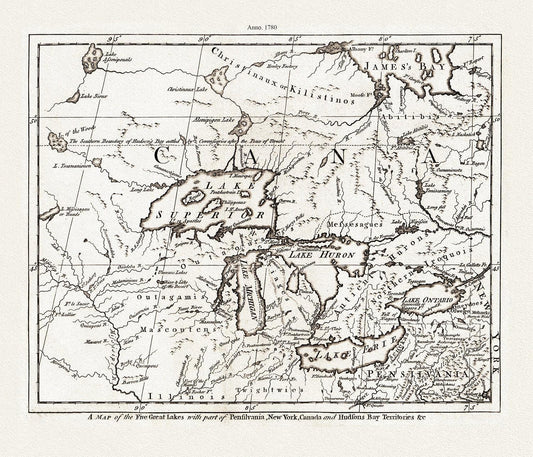 A Map of the Five Great Lakes with part of Pensilvania, New York, Canada, and Hudsons Bay Territories &c., 1780, on cotton canvas, 22x27" - The Map Chest