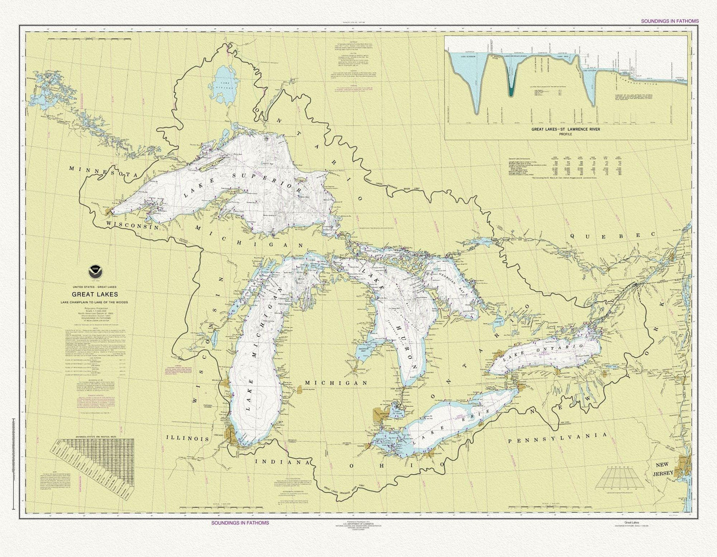 A Nautical Chart of The Great Lakes, 2016 Chart of The Great Lakes, 2016, map on heavy cotton canvas, 50x70cm (20 x 25") approx. - The Map Chest