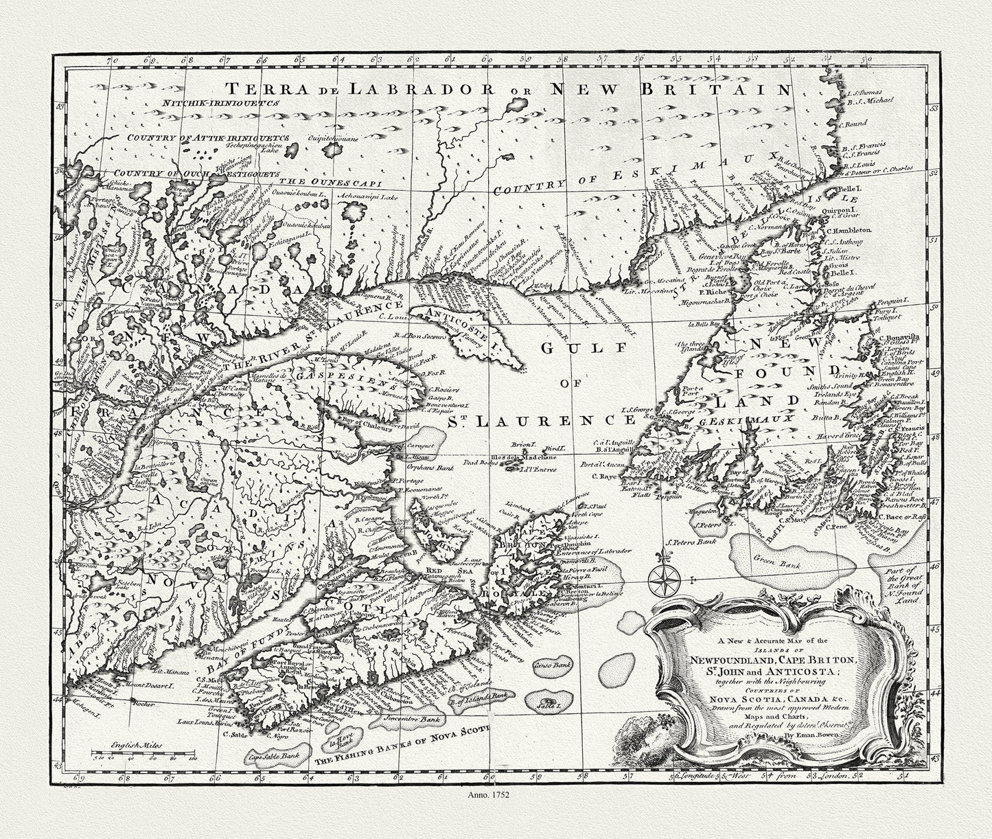 A new & accurate map of Newfoundland, Cape Breton, St. John and Anticosta, with Nova Scotia, Canada, 1752 , on canvas, 20 x 25" approx. - The Map Chest