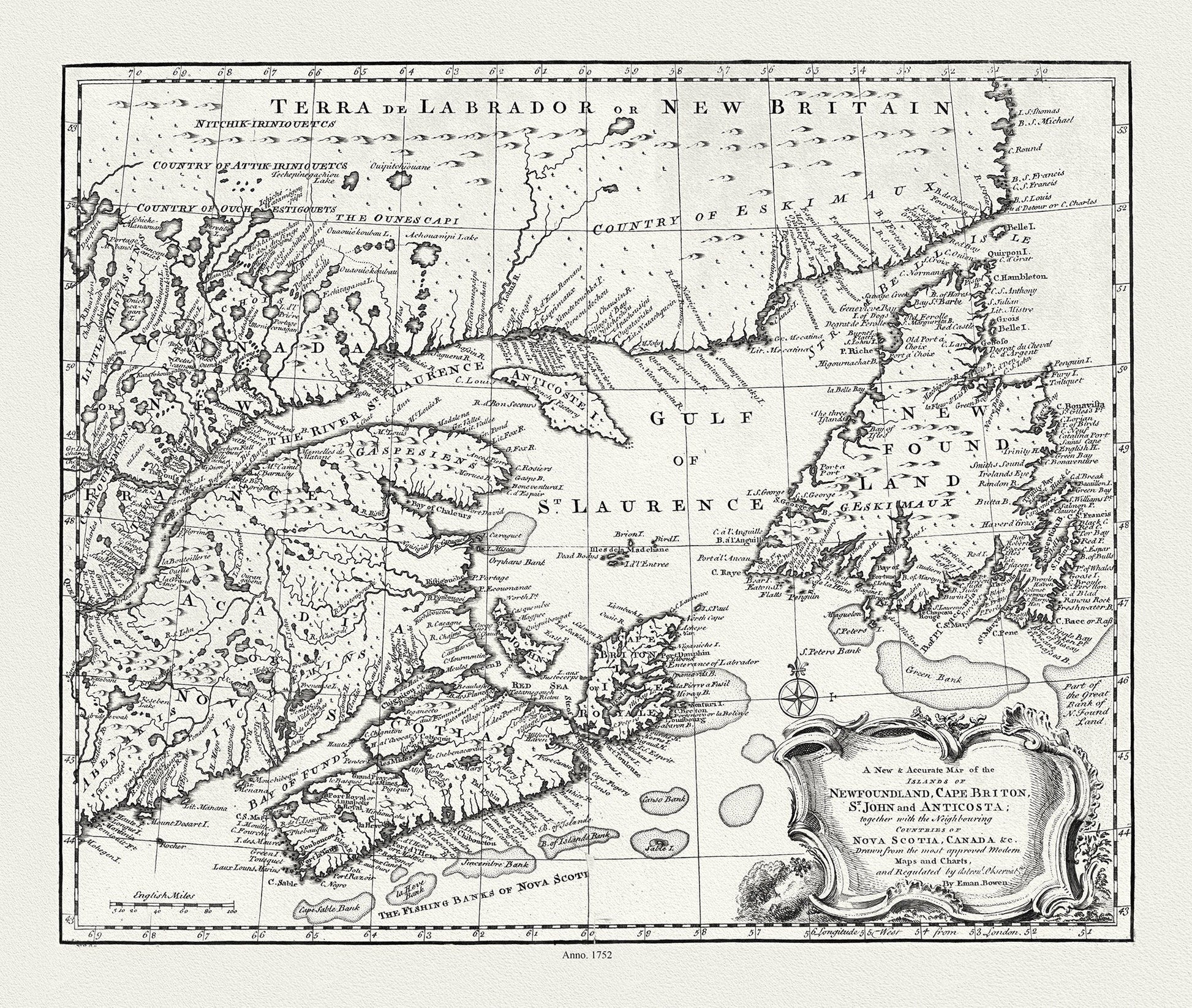 A new & accurate map of Newfoundland, Cape Breton, St. John and Anticosta, with Nova Scotia, Canada, 1752 , on canvas, 20 x 25" approx. - The Map Chest