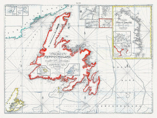 A new chart of Newfoundland, and coast of Labrador extending to Sandwich Bay, Blachford ,1838 , cotton canvas, 45 x 65 cm, 18 x 24" approx. - The Map Chest