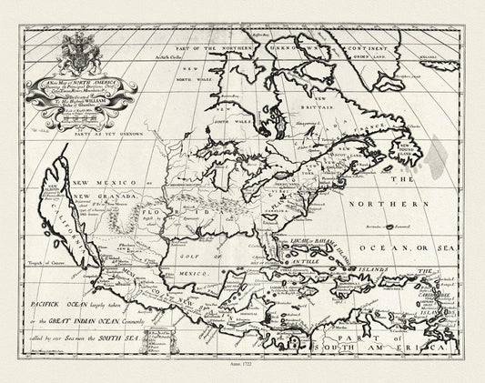 A New Map of North America shewing its principal divisions, chief cities, townes, rivers, mountains etc.,1722,on heavy canvas, 22x27" approx - The Map Chest