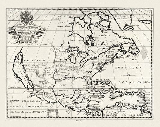 A new map of North America shewing its principal divisions.,1722, map on durable cotton canvas, 50 x 70 cm, 20 x 25" approx. - The Map Chest
