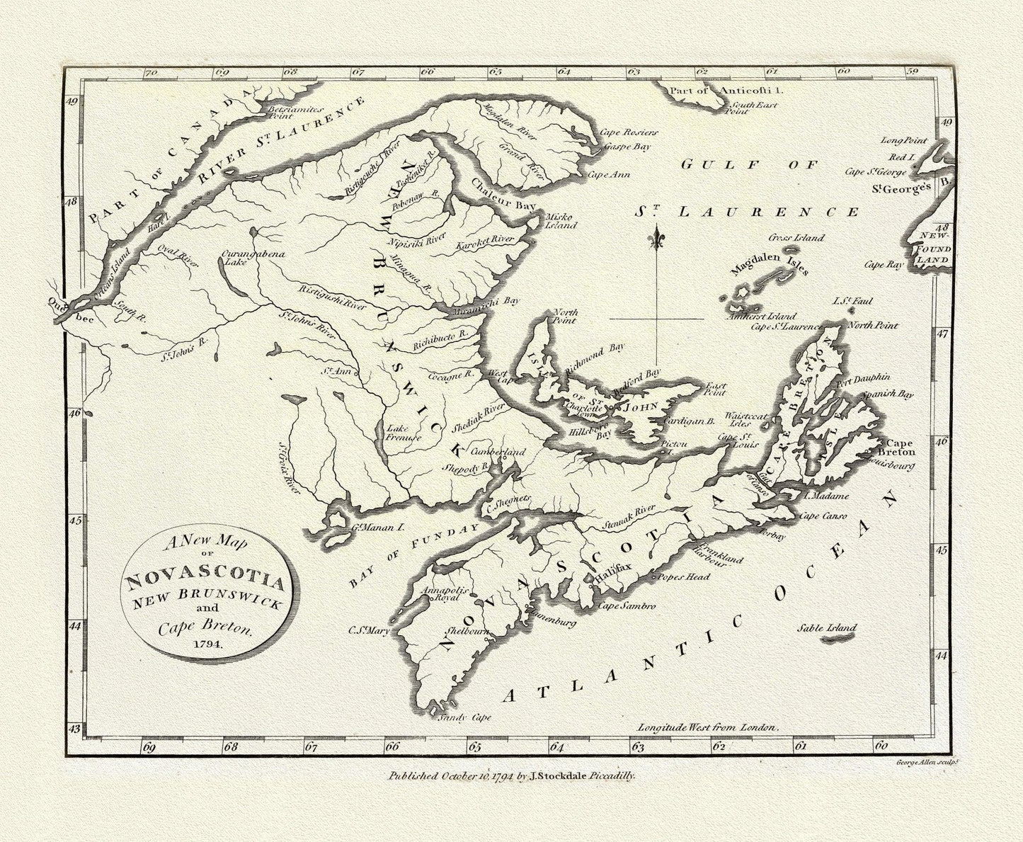 A New Map of Nova Scotia, New Brunswick and Cape Breton, 1794, on heavy cotton canvas, approx. 18x27" - The Map Chest
