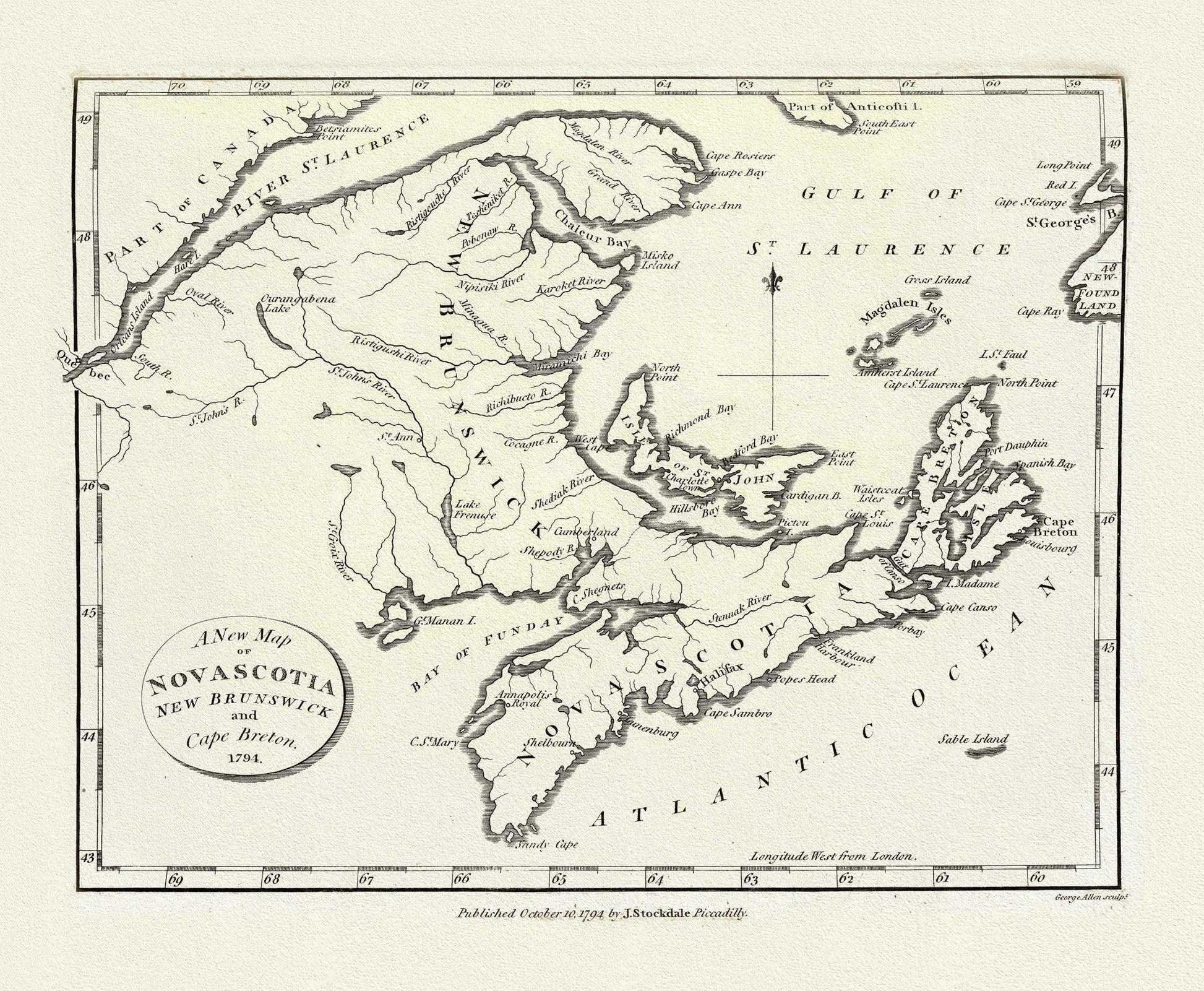 A New Map of Nova Scotia, New Brunswick and Cape Breton, 1794, on heavy cotton canvas, approx. 18x27" - The Map Chest