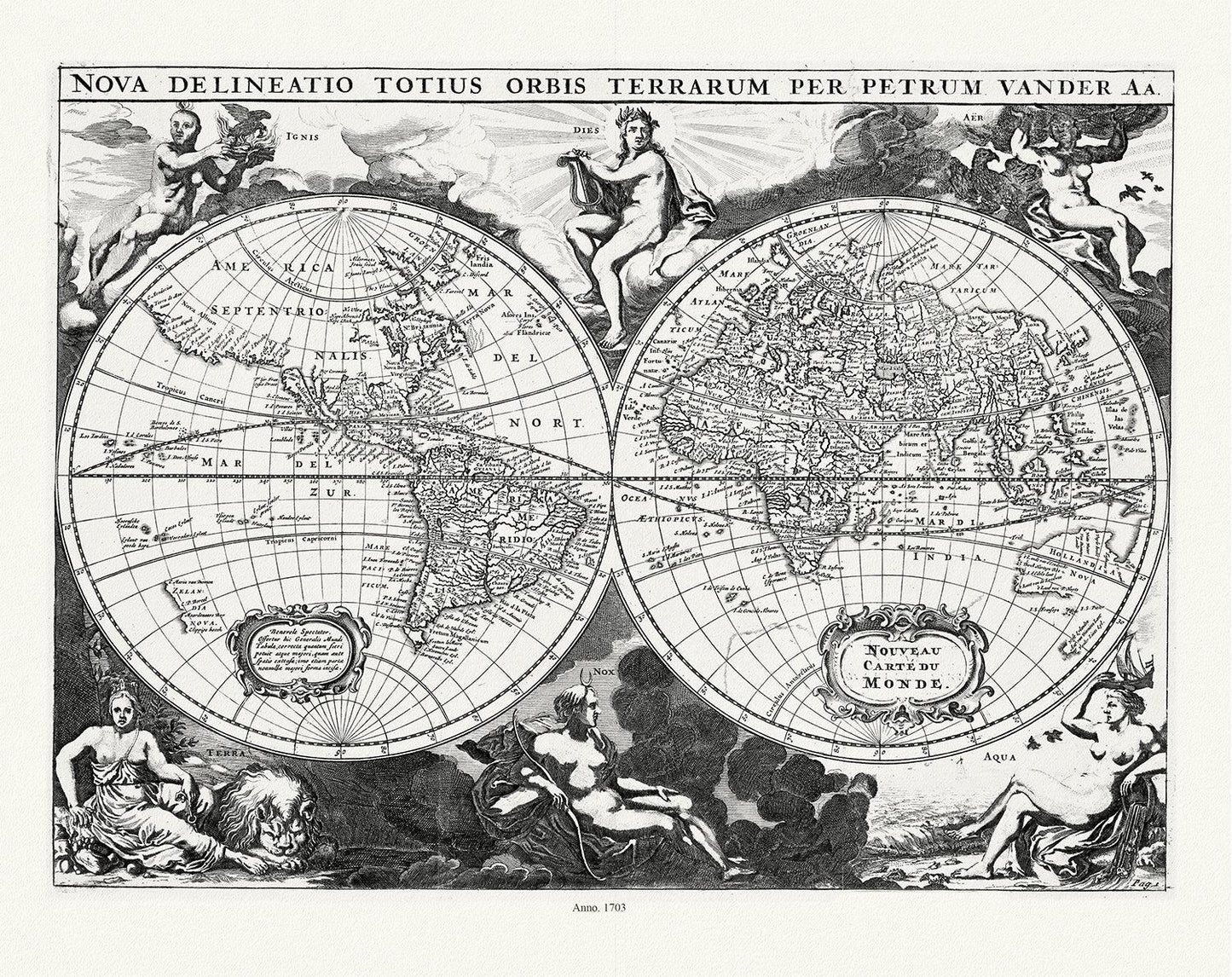Aa, (Pieter va der, ), Nova Delineatio Totius Orbis Terrarum, 1703, Map on heavy cotton canvas, 22x27in. approx. - The Map Chest
