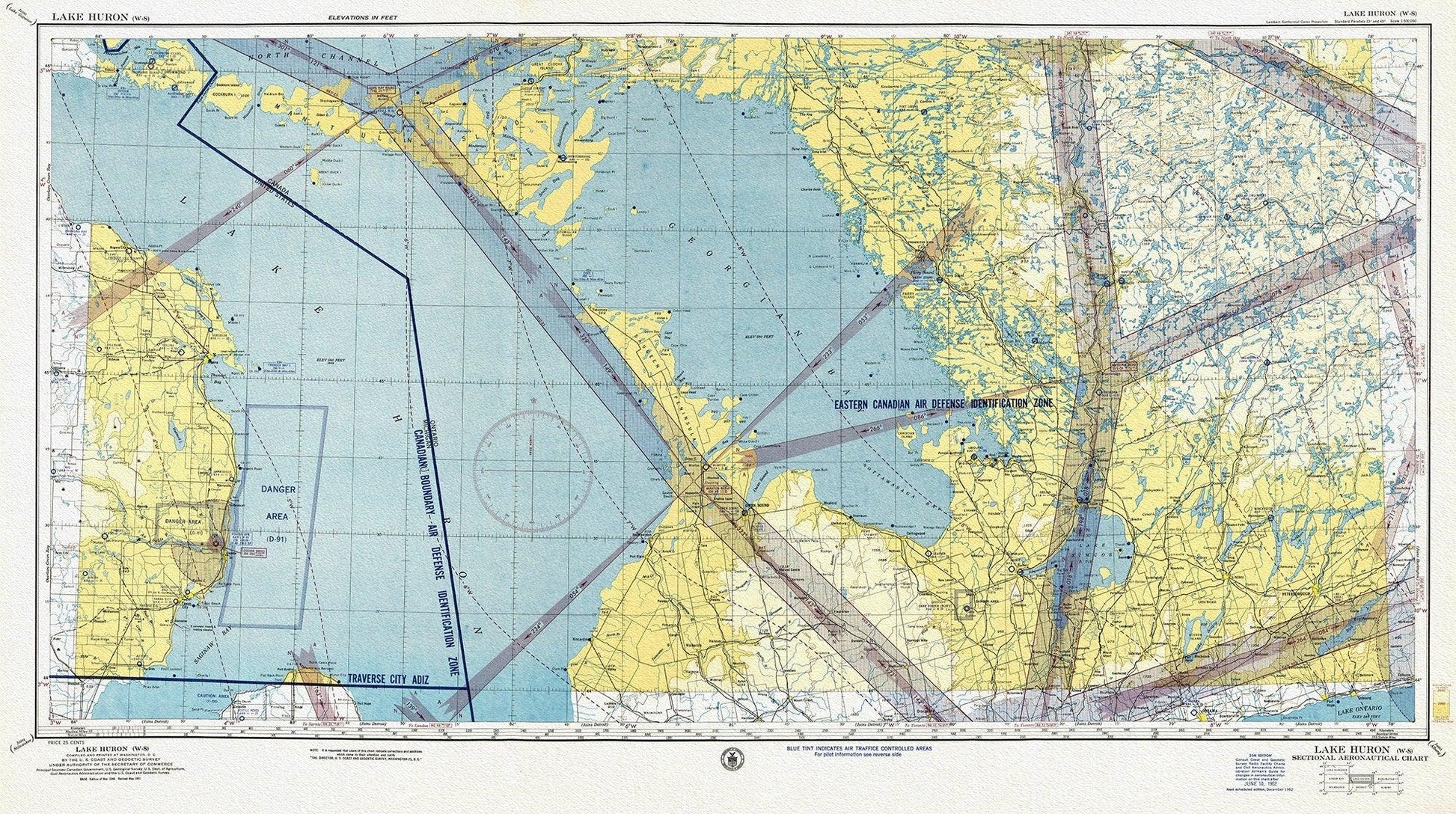 Aeronautical Chart, Ontario, Lake Huron Section, 1952 , map on heavy cotton canvas, 20 x 27" approx. - The Map Chest