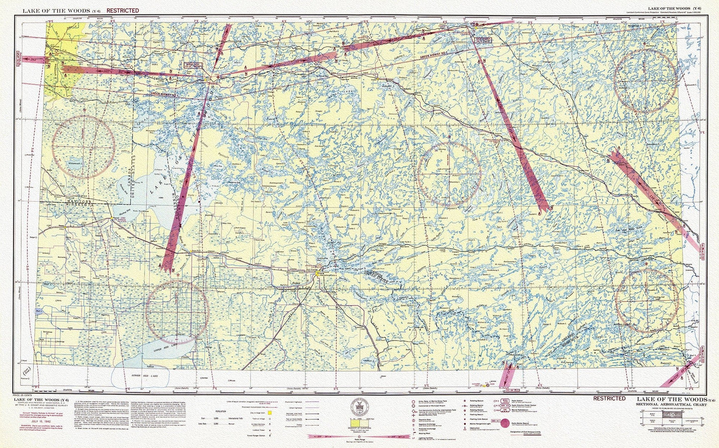 Aeronautical Chart, Ontario, Lake of the Woods Section, 1942, map on heavy cotton canvas, 20 x 27" approx. - The Map Chest