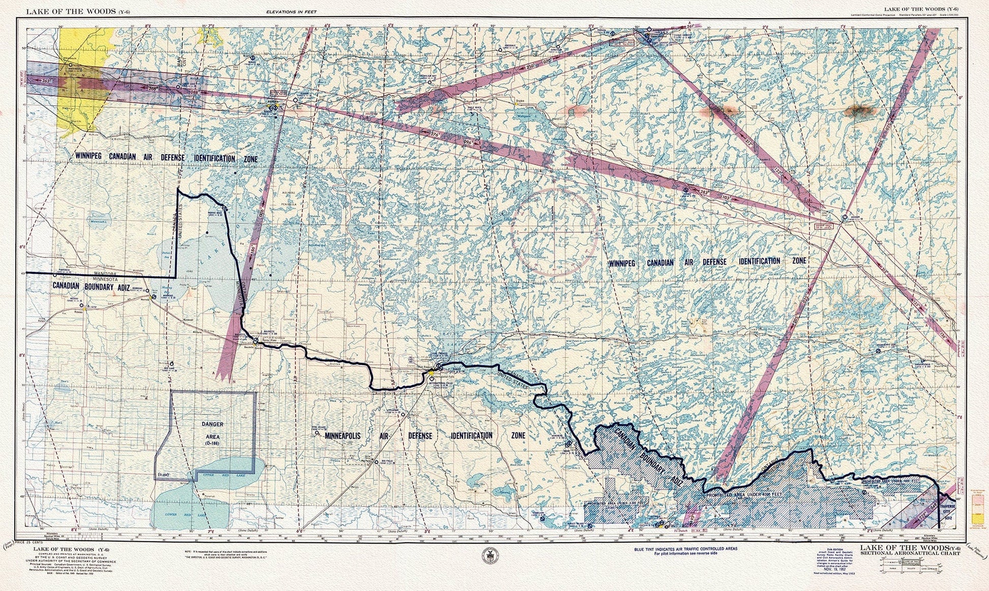 Aeronautical Chart, Ontario, Lake of the Woods Section, 1952, map on heavy cotton canvas, 20 x 27" approx. - The Map Chest