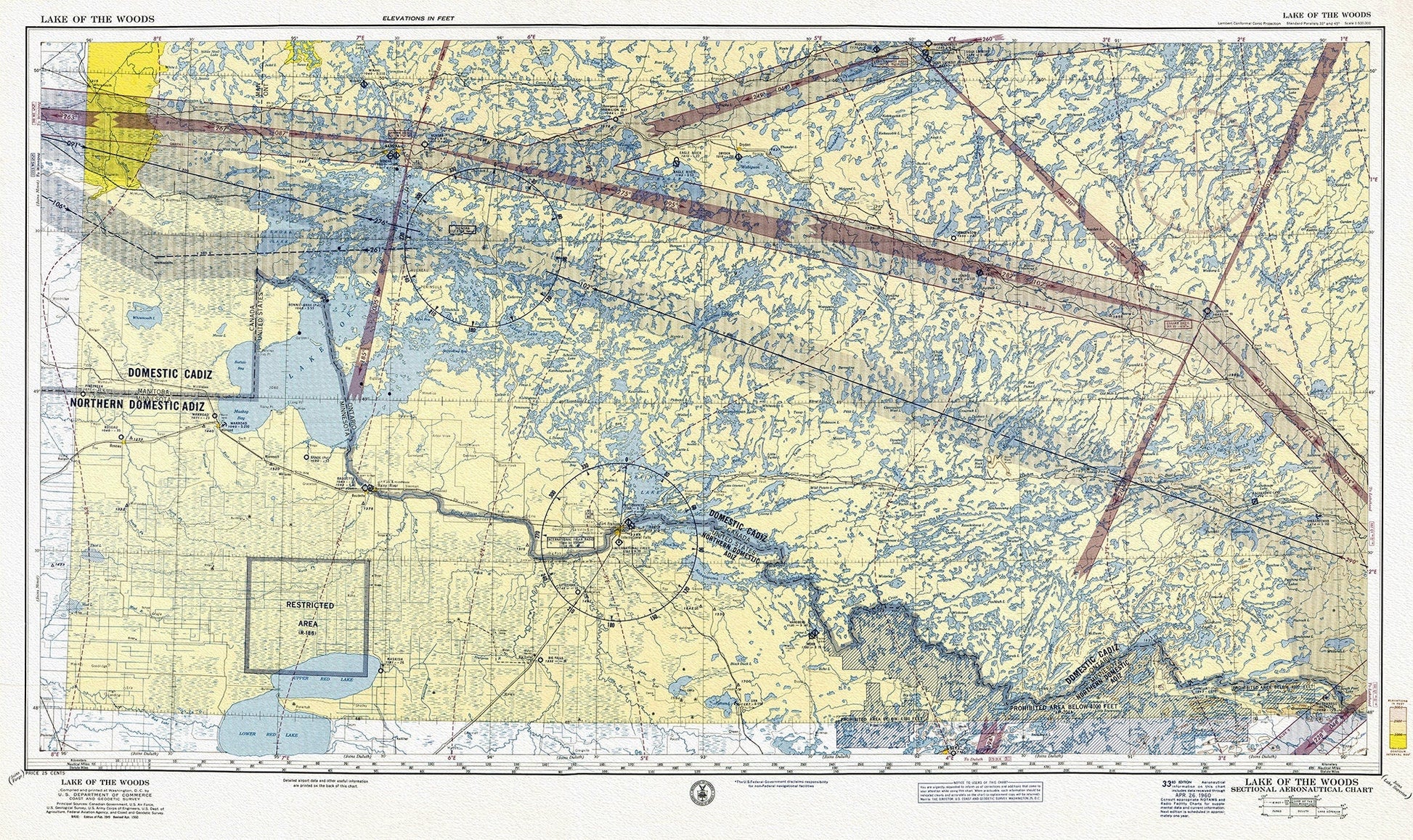 Aeronautical Chart, Ontario, Lake of the Woods Section, 1960 , map on heavy cotton canvas, 20 x 27" approx. - The Map Chest