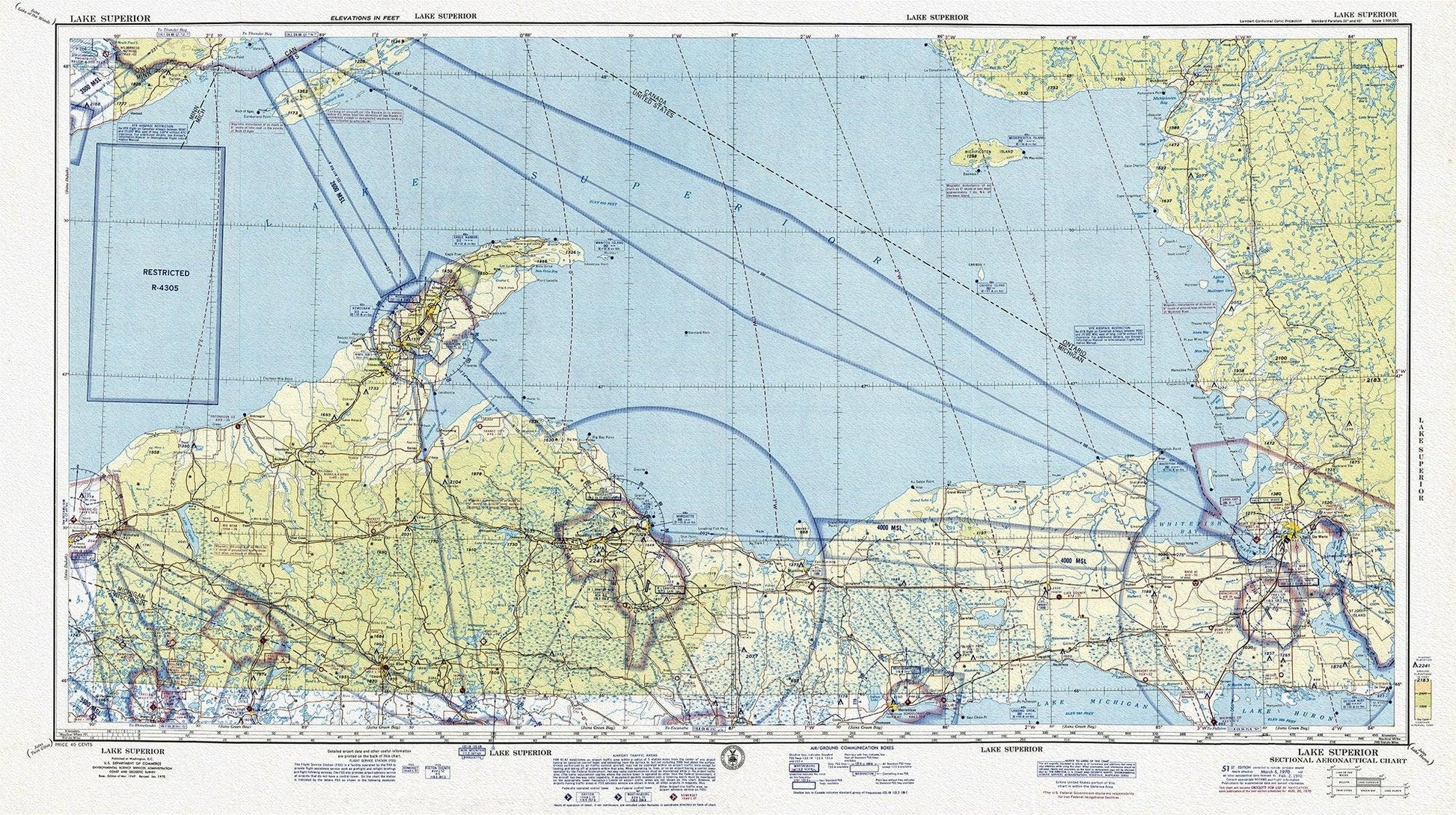 Aeronautical Chart, Ontario, Lake Superior Section, 1970, map on heavy cotton canvas, 20 x 27" approx. - The Map Chest