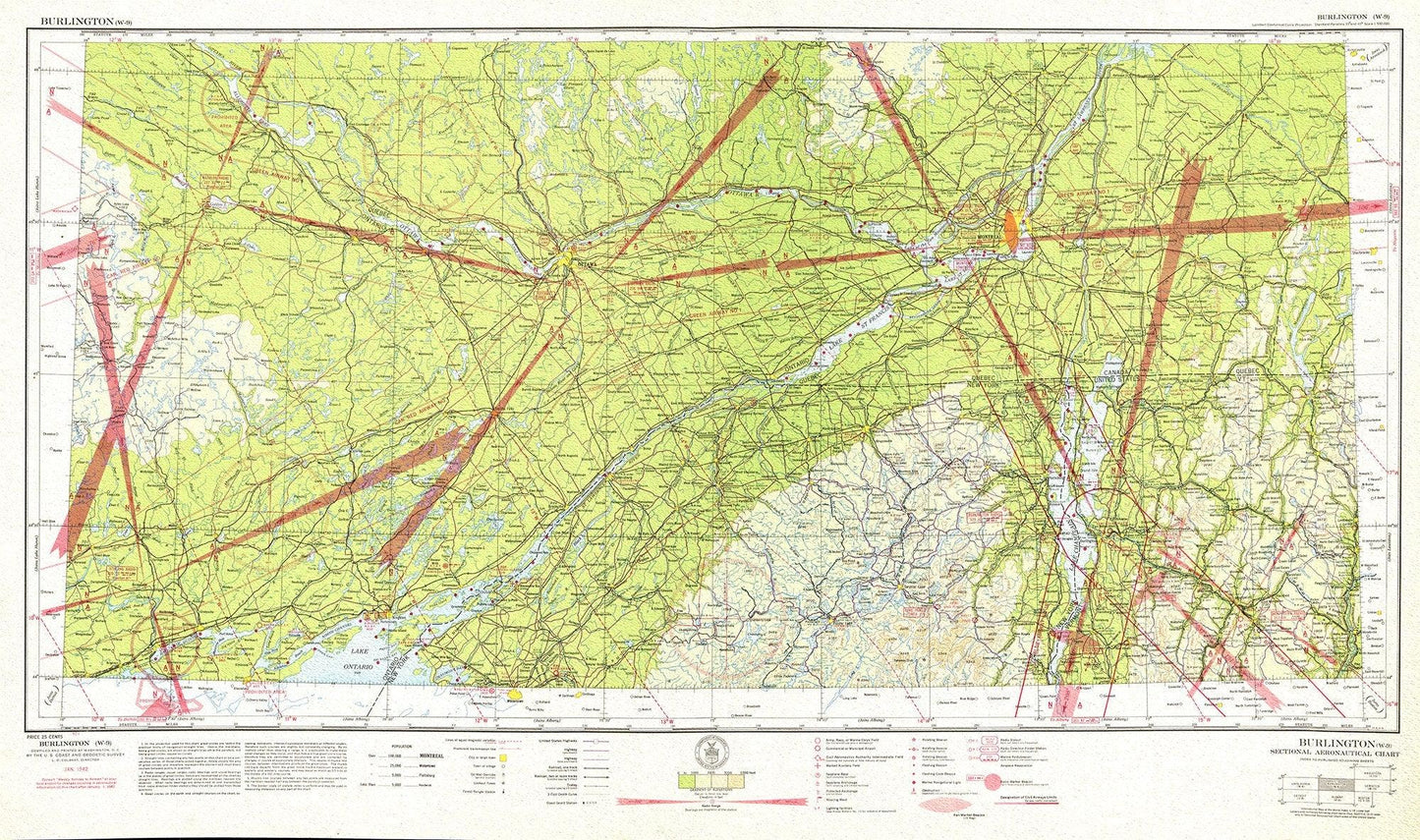 Aeronautical Chart, Ontario, South Eastern Section, 1942 , map on heavy cotton canvas, 20 x 27" approx. - The Map Chest