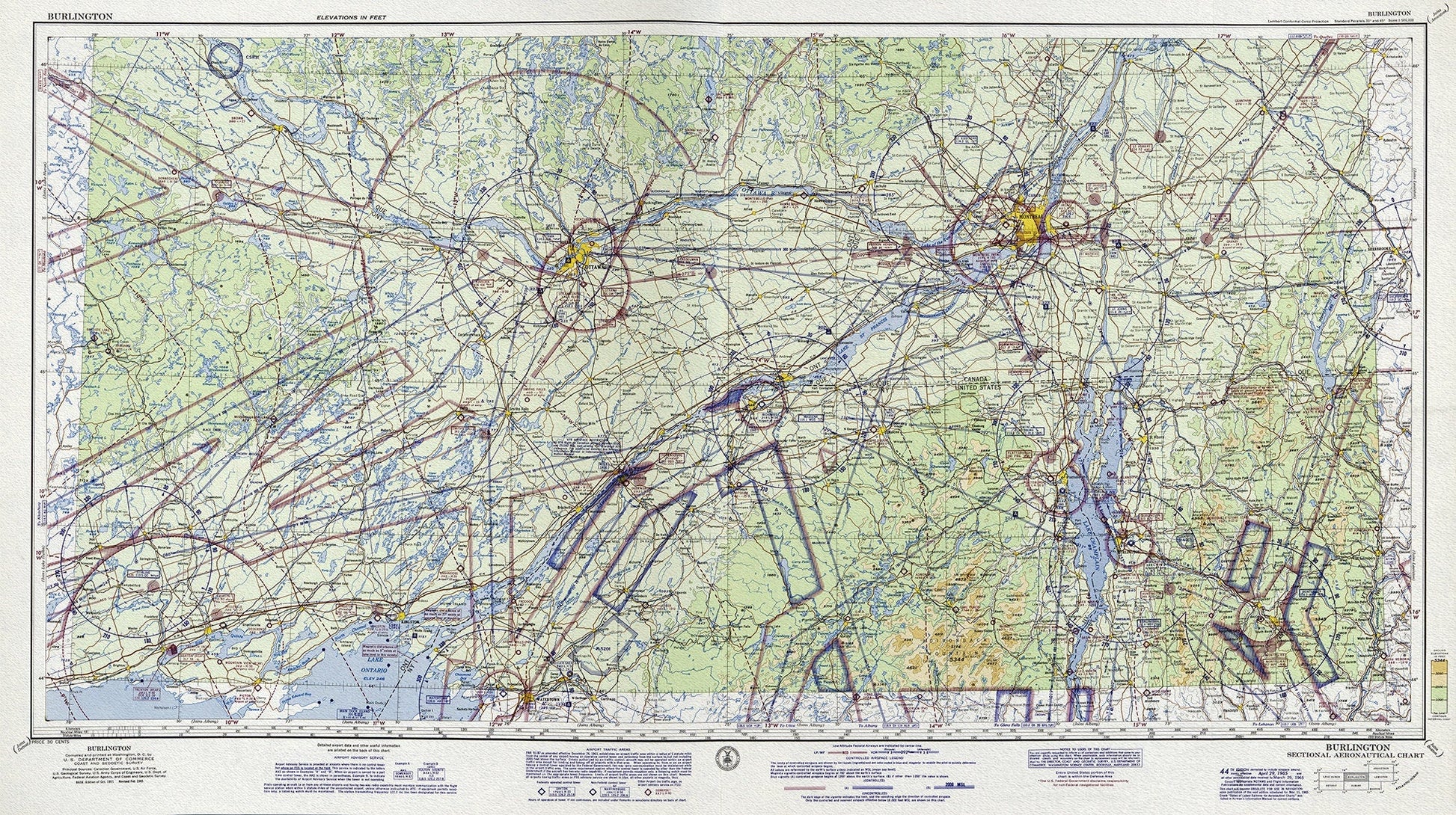 Aeronautical Chart, Ontario, South Eastern Section, 1962 , map on heavy cotton canvas, 20 x 27" approx. - The Map Chest