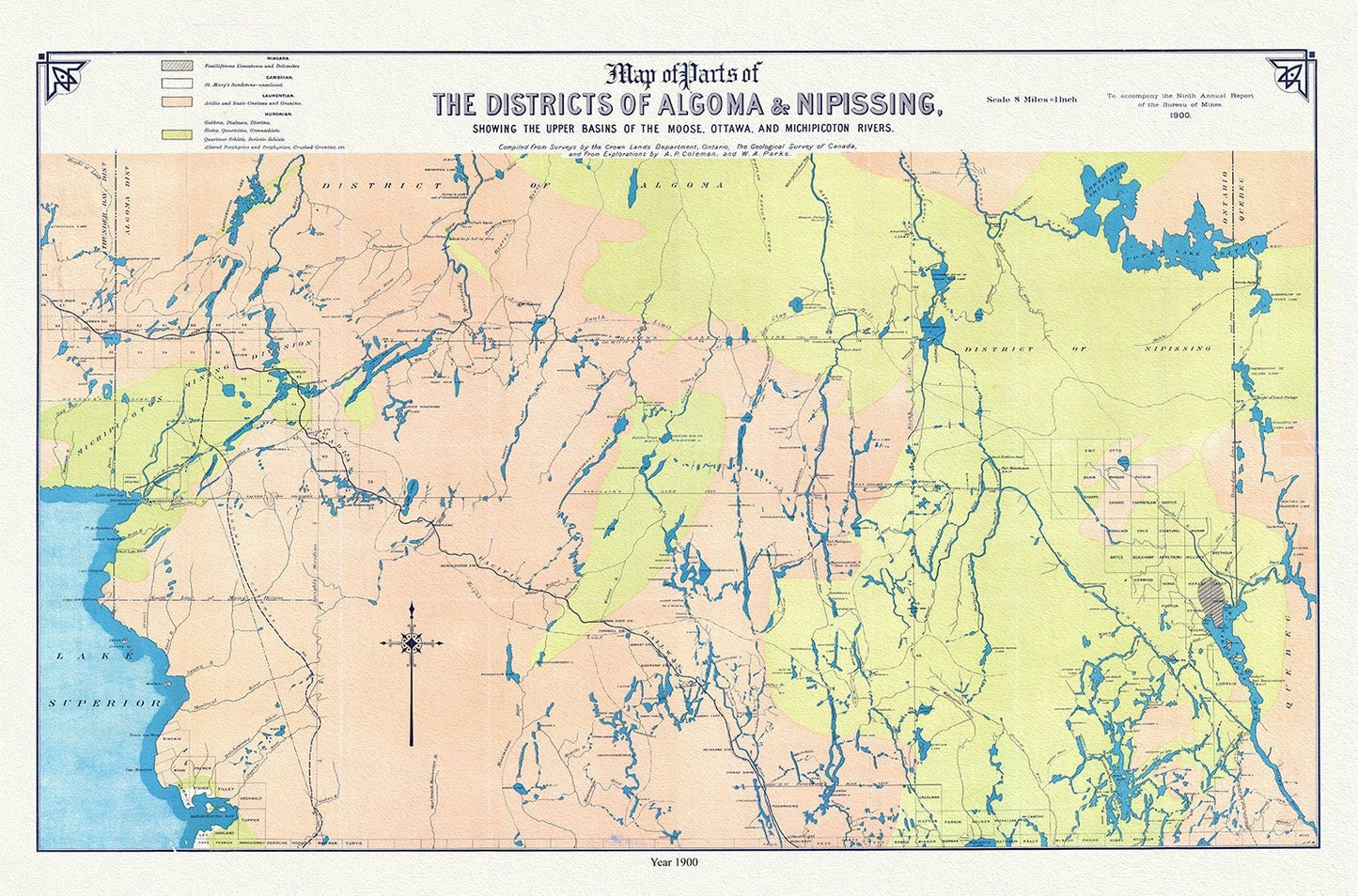 Algoma and Nipissing Districts, a geological map, 1900 , map on heavy cotton canvas, 45 x 65 cm, 18 x 24" approx. - The Map Chest