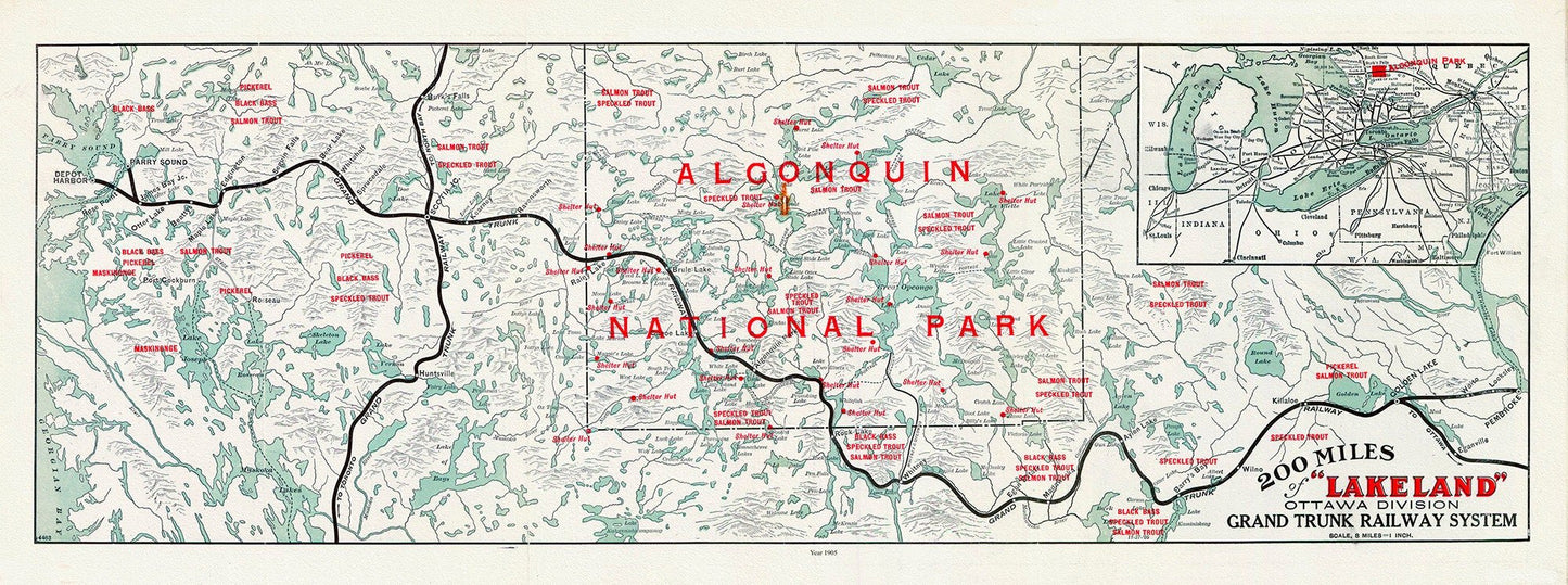 Algonquin: Grand Trunk Railway, Historic Algonquin Park Map, 1905, map on heavy cotton canvas, 22x27" approx. - The Map Chest