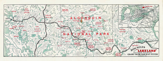 Algonquin: Grand Trunk Railway, Historic Algonquin Park Map, 1905, map on heavy cotton canvas, 22x27" approx. - The Map Chest