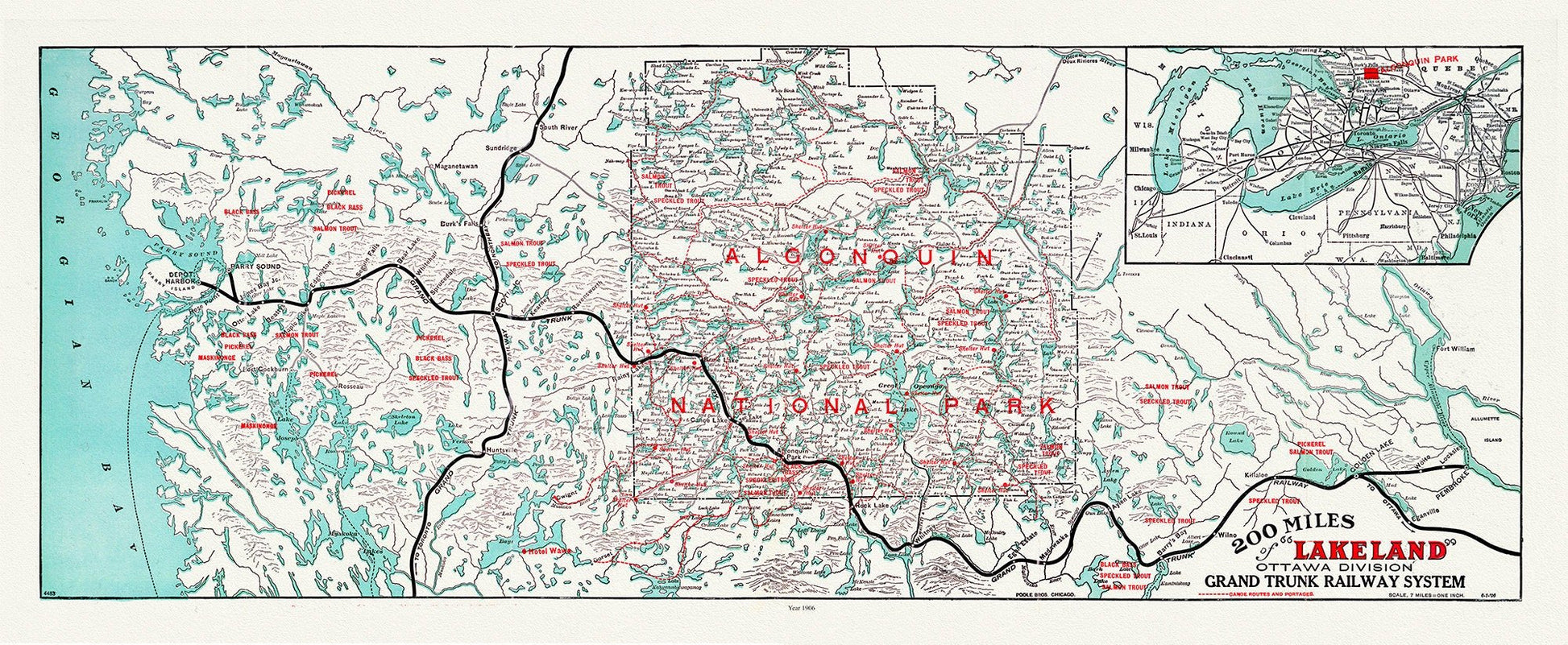 Algonquin - Haliburton: Grand Trunk Railway, Historic Algonquin Park Map, 1906, map on heavy cotton canvas, 22x27" approx. - The Map Chest