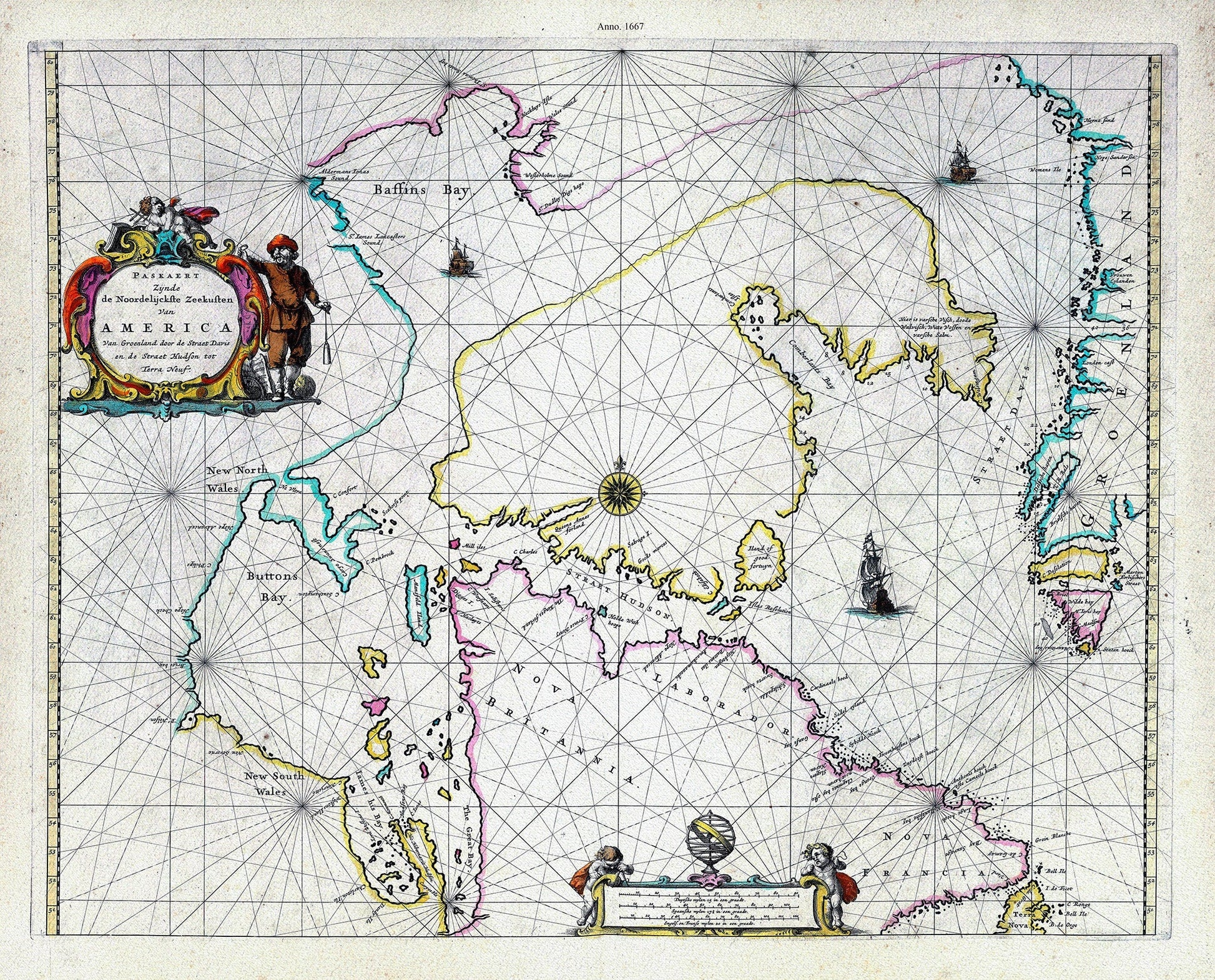 America Nort, 1667, Goos auth., map on heavy cotton canvas, 50 x 70cm, 20 x 25" approx. - The Map Chest