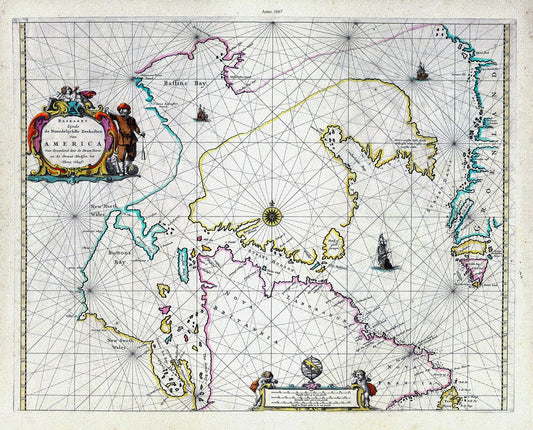 America Nort, 1667, Goos auth., map on heavy cotton canvas, 50 x 70cm, 20 x 25" approx. - The Map Chest