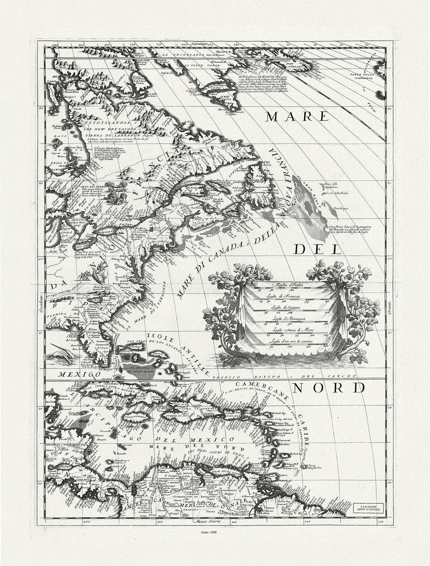 America Settentrionale le colle nuoue scoperte fin al'anno 1688, diuisa nelle sue parti secundo lo stato.1688.Coronelli, canvas, 20 x 25" - The Map Chest