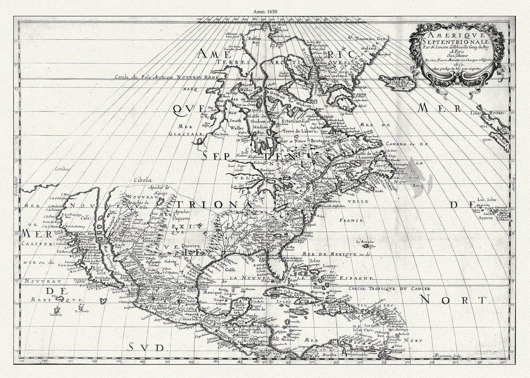 Amérique septentrionale, 1650, Marriette auth. , map on durable cotton canvas, 50 x 70 cm, 20 x 25" approx. - The Map Chest