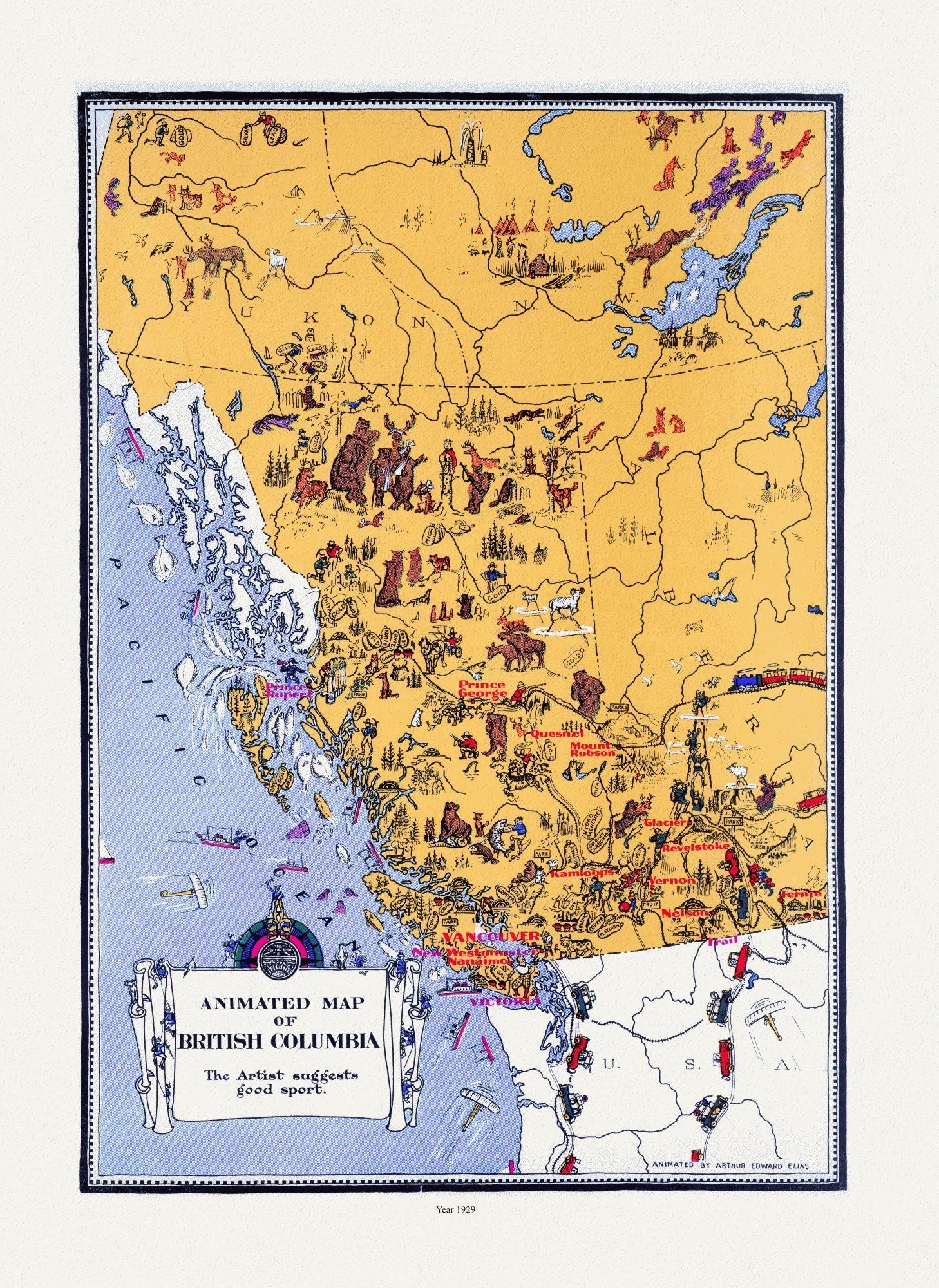 An Animated Map of British Columbia, 1929, on heavy cotton canvas, 22x27"approx. - The Map Chest