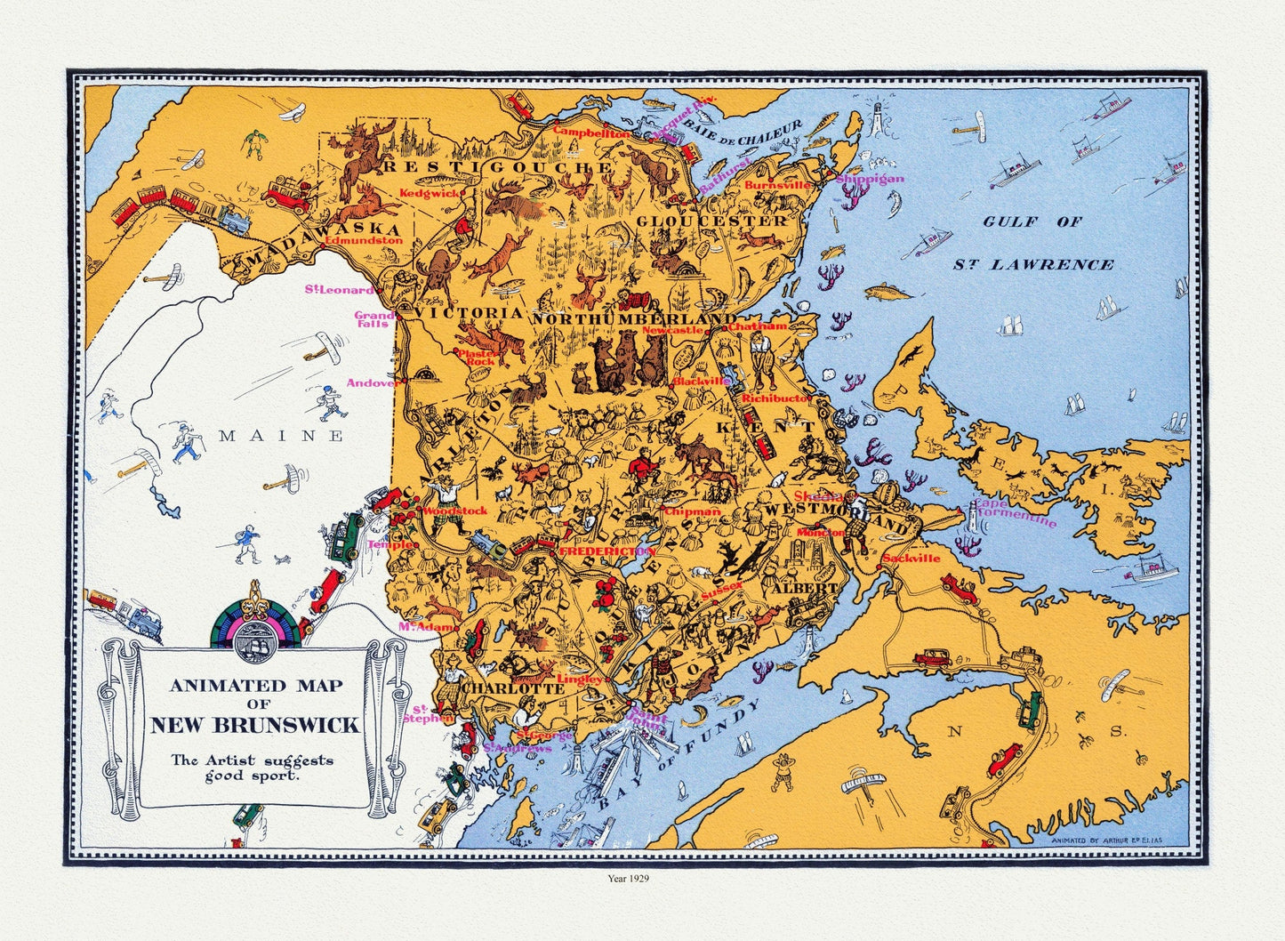 An Animated Map of New Brunswick, 1929, on heavy cotton canvas, 22x27" approx. - The Map Chest