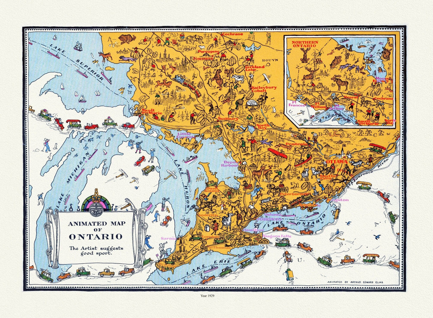 An Animated Map of Ontario, 1929, On heavy Cotton Canvas, 22x27" approx. - The Map Chest