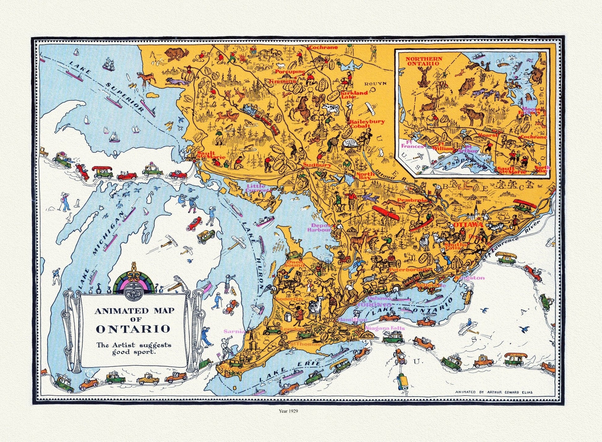 An Animated Map of Ontario, 1929, On heavy Cotton Canvas, 22x27" approx. - The Map Chest