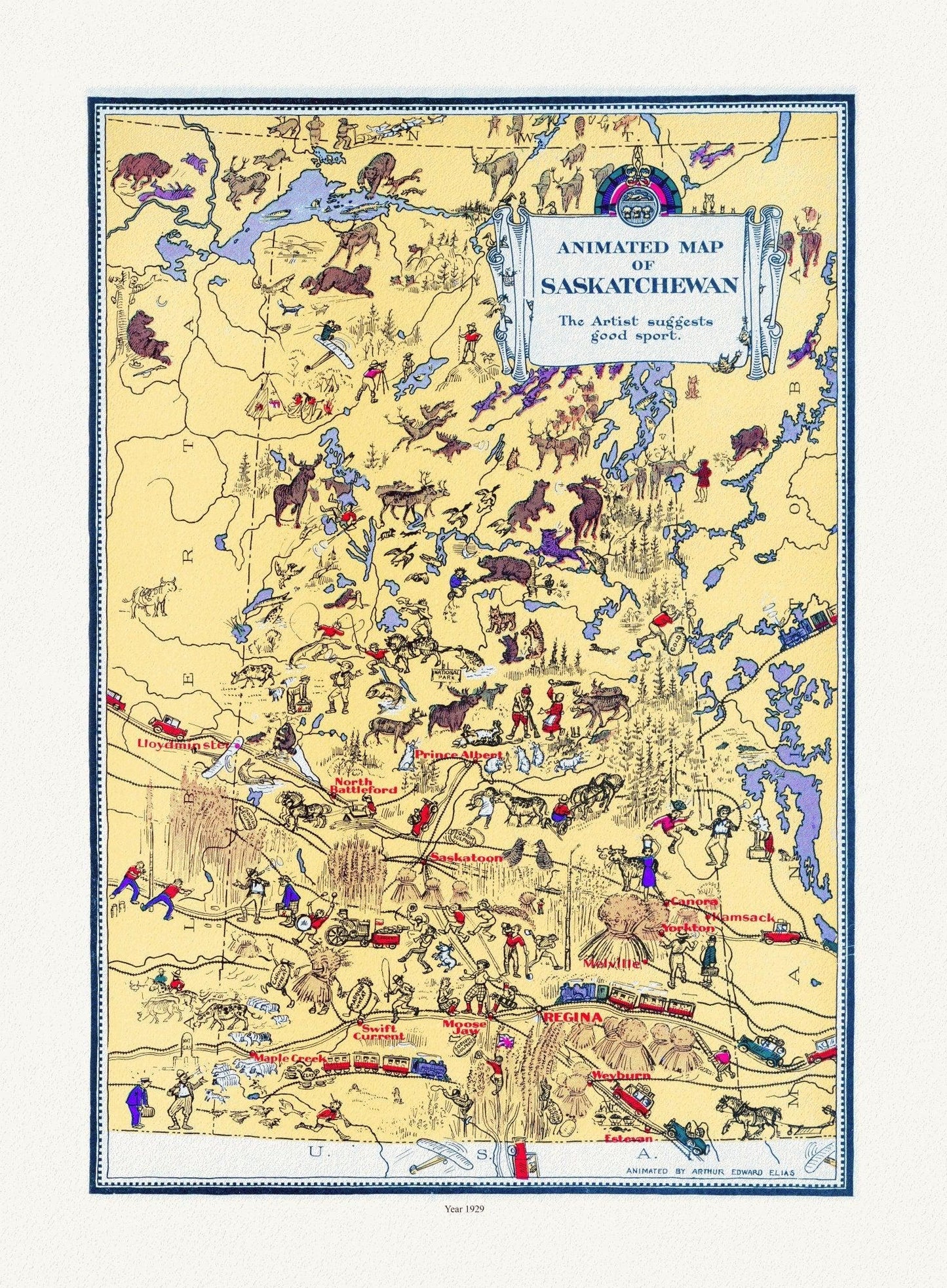 An Animated Map of Saskatchewan, 1929, on heavy cotton canvas, 22x27" approx. - The Map Chest