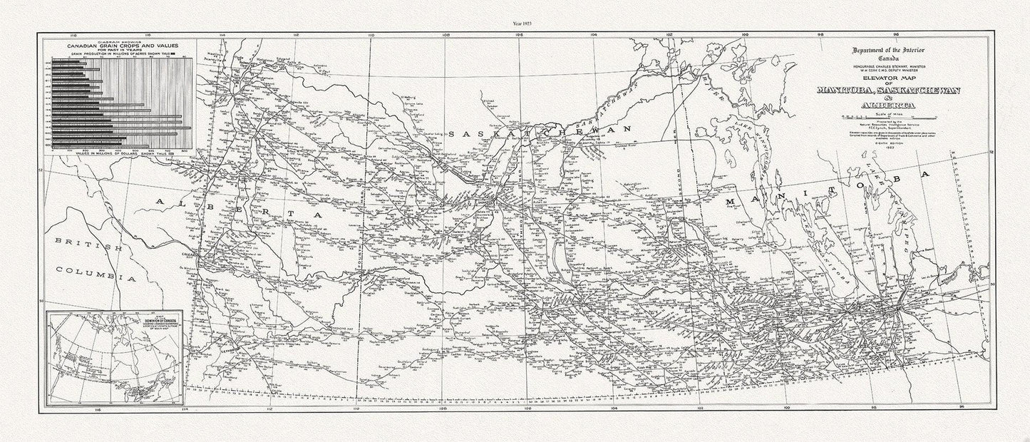 An Elevator map of Manitoba, Saskatchewan & Alberta, 1923,on heavy cotton canvas, 15x36" approx. - The Map Chest