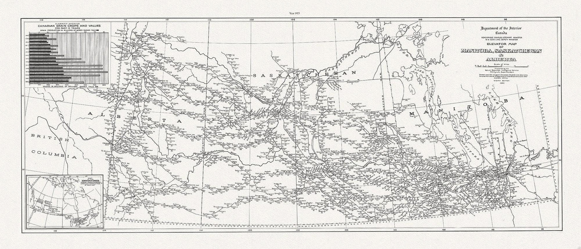 An Elevator map of Manitoba, Saskatchewan & Alberta, 1923,on heavy cotton canvas, 15x36" approx. - The Map Chest