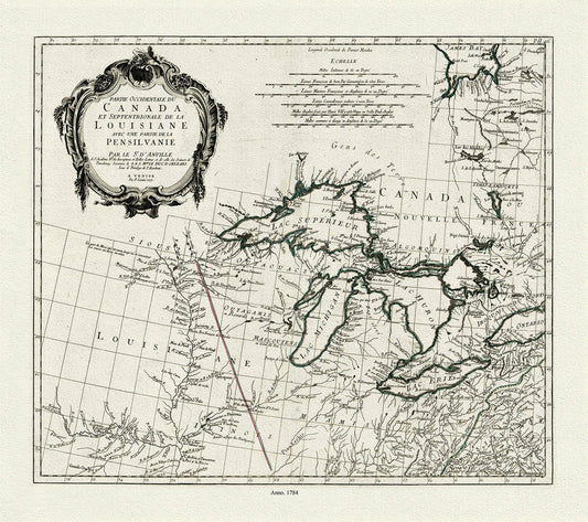 Anville et al., Partie occidentale du Canada et septentrionale de la Louisiane avec une partie de la Pensilvanie, 1784 , on canvas 22x27" - The Map Chest